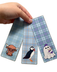 Highland Cow, Puffin & Bagpiper Ghost Bookmarks – Cute Scottish Themed Reading Accessories for Book Lovers