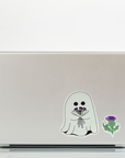 Scottish Thistle Ghost Sticker Set – Cute Glossy Vinyl Ghost with Thistle Flower Bouquet Stickers for Laptops, Water Bottles & Journals
