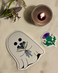 Scottish Thistle Ghost Sticker Set – Cute Glossy Vinyl Ghost with Thistle Flower Bouquet Stickers for Laptops, Water Bottles & Journals