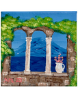 Original Acrylic Mediterranean Window View Painting – 5x5 Mini Landscape on Stretched Canvas with Stone Arch, Ocean & Mountains