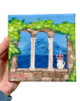 Original Acrylic Mediterranean Window View Painting – 5x5 Mini Landscape on Stretched Canvas with Stone Arch, Ocean & Mountains