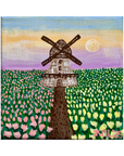 Original Acrylic Windmill Tulip Field Painting – 5x5 Mini Landscape on Stretched Canvas with Sunset Sky