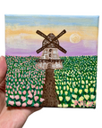 Original Acrylic Windmill Tulip Field Painting – 5x5 Mini Landscape on Stretched Canvas with Sunset Sky