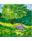 Original Acrylic Picnic Scene Painting – 5x5 Mini Landscape on Stretched Canvas with Tree, Meadow & Blanket