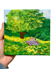 Original Acrylic Picnic Scene Painting – 5x5 Mini Landscape on Stretched Canvas with Tree, Meadow & Blanket