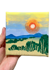 Original Acrylic Landscape Painting – Vibrant Sunset Over Green Fields & Blue Mountains – 4x4 Stretched Canvas Mini Art