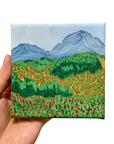 Original Acrylic Wildflower Meadow Painting – 4x4 Mini Landscape on Stretched Canvas with Mountains & Green Hills