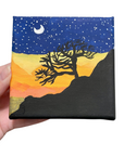Original Acrylic Desert Night Sky Painting – 4x4 Mini Landscape on Stretched Canvas with Crescent Moon, Stars & Silhouette Tree