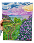Original Acrylic Mountain Path Landscape Painting – 11x14 Stretched Canvas with Wildflowers, Trees & Colorful Sky