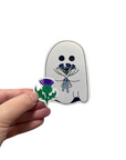Scottish Thistle Ghost Sticker Set – Cute Glossy Vinyl Ghost with Thistle Flower Bouquet Stickers for Laptops, Water Bottles & Journals