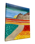 Original Acrylic Mountain Sunset Landscape Painting – 8x10 Stretched Canvas with Colorful Sky, Water & Abstract Fields
