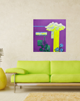 Original Acrylic Abstract Floral Cloud Painting – 20x20 Stretched Canvas with Purple Background, Flowers & Yellow Light