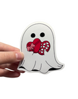 Valentine Ghost Glossy Vinyl Sticker – Cute Spooky Ghost with Chocolate Hearts for Water Bottles, Laptops & Journals
