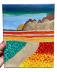 Original Acrylic Mountain Sunset Landscape Painting – 8x10 Stretched Canvas with Colorful Sky, Water & Abstract Fields