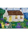 Original Acrylic Cottage Garden Painting – 7x5 Mini Landscape on Stretched Canvas with Flowers, Yellow Door & Seaside View