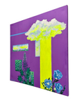 Original Acrylic Abstract Floral Cloud Painting – 20x20 Stretched Canvas with Purple Background, Flowers & Yellow Light