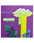 Original Acrylic Abstract Floral Cloud Painting – 20x20 Stretched Canvas with Purple Background, Flowers & Yellow Light