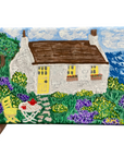 Original Acrylic Cottage Garden Painting – 7x5 Mini Landscape on Stretched Canvas with Flowers, Yellow Door & Seaside View