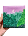 Original Acrylic Moonlit Forest Painting – 4x4 Mini Landscape on Stretched Canvas with Crescent Moon & Purple Sky