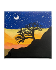 Original Acrylic Desert Night Sky Painting – 4x4 Mini Landscape on Stretched Canvas with Crescent Moon, Stars & Silhouette Tree