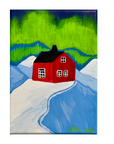 Original Acrylic Winter Cabin Painting – 5x7 Landscape on Stretched Canvas with Red House, Snowy Mountains & Northern Lights