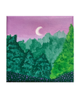Original Acrylic Moonlit Forest Painting – 4x4 Mini Landscape on Stretched Canvas with Crescent Moon & Purple Sky