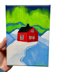 Original Acrylic Winter Cabin Painting – 5x7 Landscape on Stretched Canvas with Red House, Snowy Mountains & Northern Lights