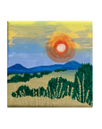 Original Acrylic Landscape Painting – Vibrant Sunset Over Green Fields & Blue Mountains – 4x4 Stretched Canvas Mini Art